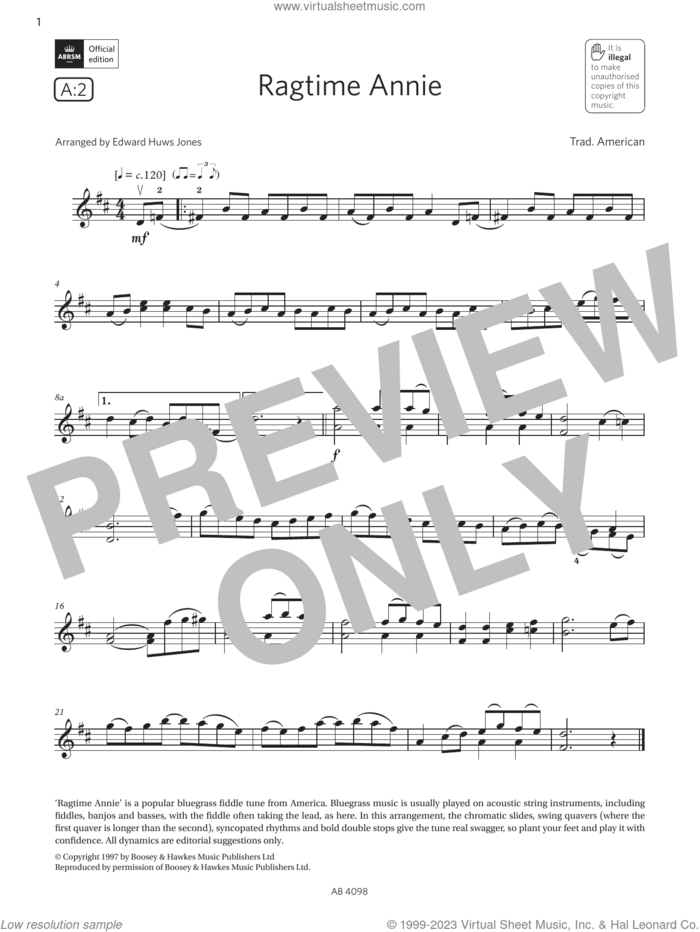 Ragtime Annie (Grade 4, A2, from the ABRSM Violin Syllabus from 2024) sheet music for violin solo by Trad. American and Edward Huws Jones, classical score, intermediate skill level