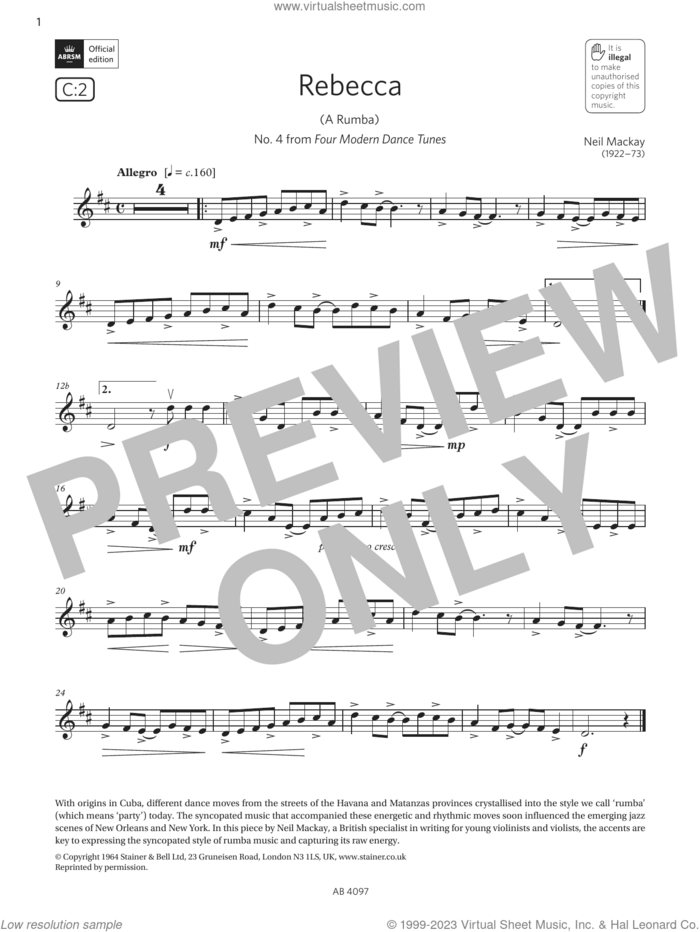 Rebecca (A Rumba) (Grade 3, C2, from the ABRSM Violin Syllabus from 2024) sheet music for violin solo by Neil Mackay, classical score, intermediate skill level