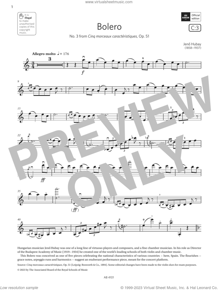 Bolero (Grade 7, C3, from the ABRSM Violin Syllabus from 2024) sheet music for violin solo by Jenő Hubay, classical score, intermediate skill level