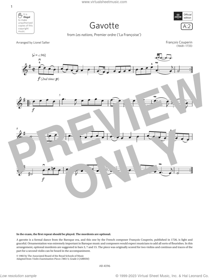 Gavotte (Grade 2, A2, from the ABRSM Violin Syllabus from 2024) sheet music for violin solo by Francois Couperin and Lionel Salter, classical score, intermediate skill level