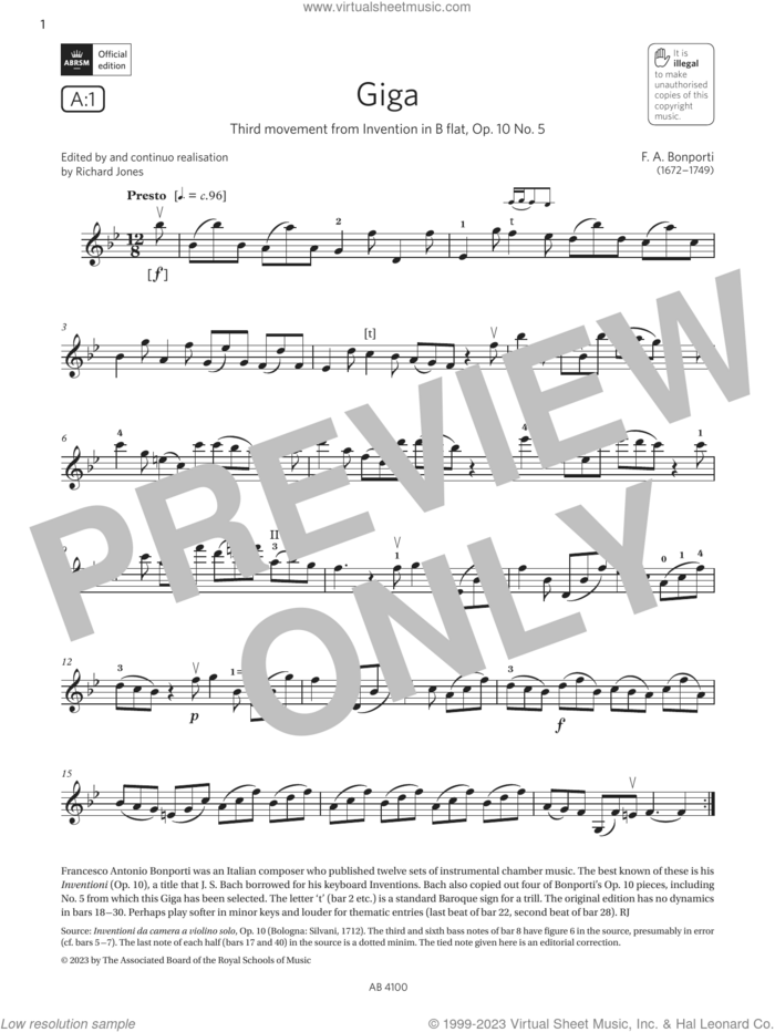 Giga (Grade 6, A1, from the ABRSM Violin Syllabus from 2024) sheet music for violin solo by F. A. Bonporti, classical score, intermediate skill level
