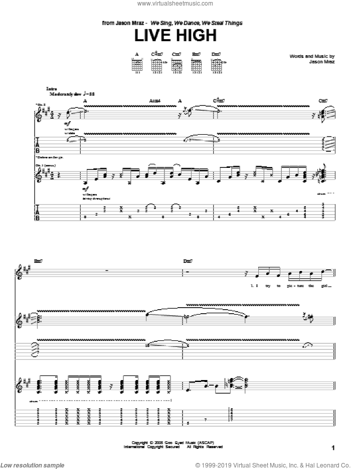 Live High sheet music for guitar (tablature) by Jason Mraz, intermediate skill level