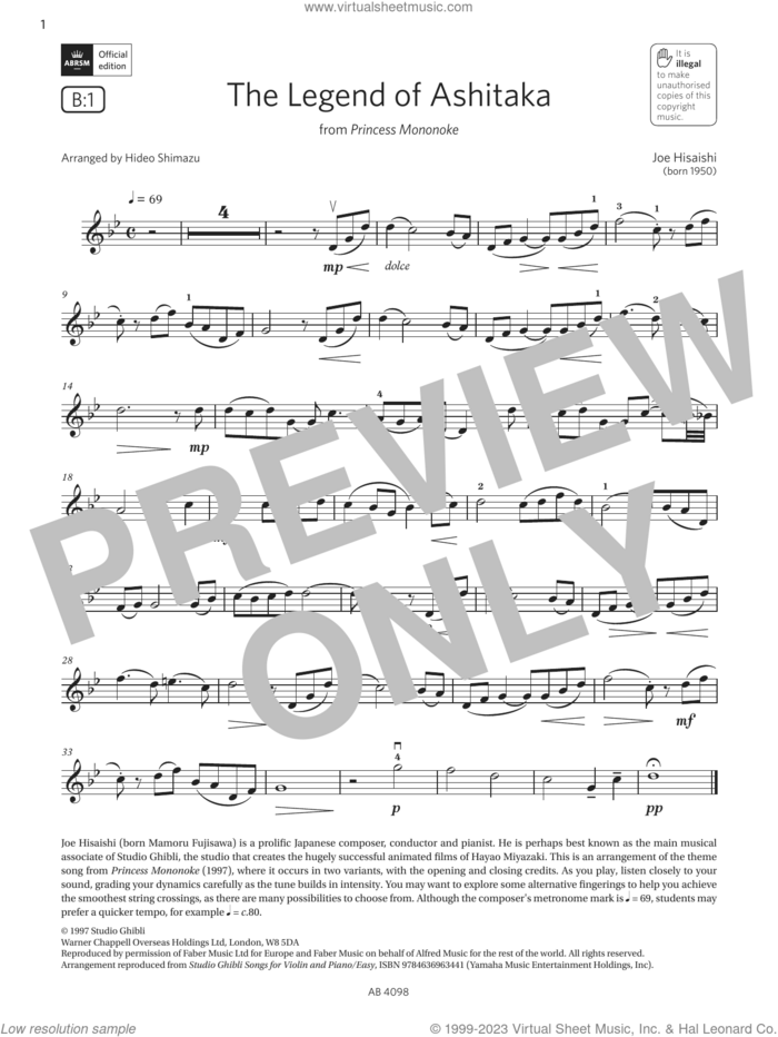The Legend of Ashitaka (Grade 4, B1, from the ABRSM Violin Syllabus from 2024) sheet music for violin solo by Joe Hisaishi and Hideo Shimazu, classical score, intermediate skill level