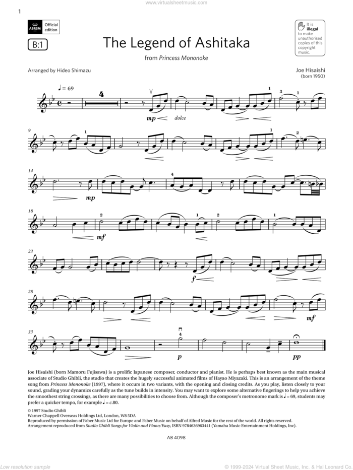 The Legend of Ashitaka (Grade 4, B1, from the ABRSM Violin Syllabus from 2024) sheet music for violin solo by Joe Hisaishi and Hideo Shimazu, classical score, intermediate skill level