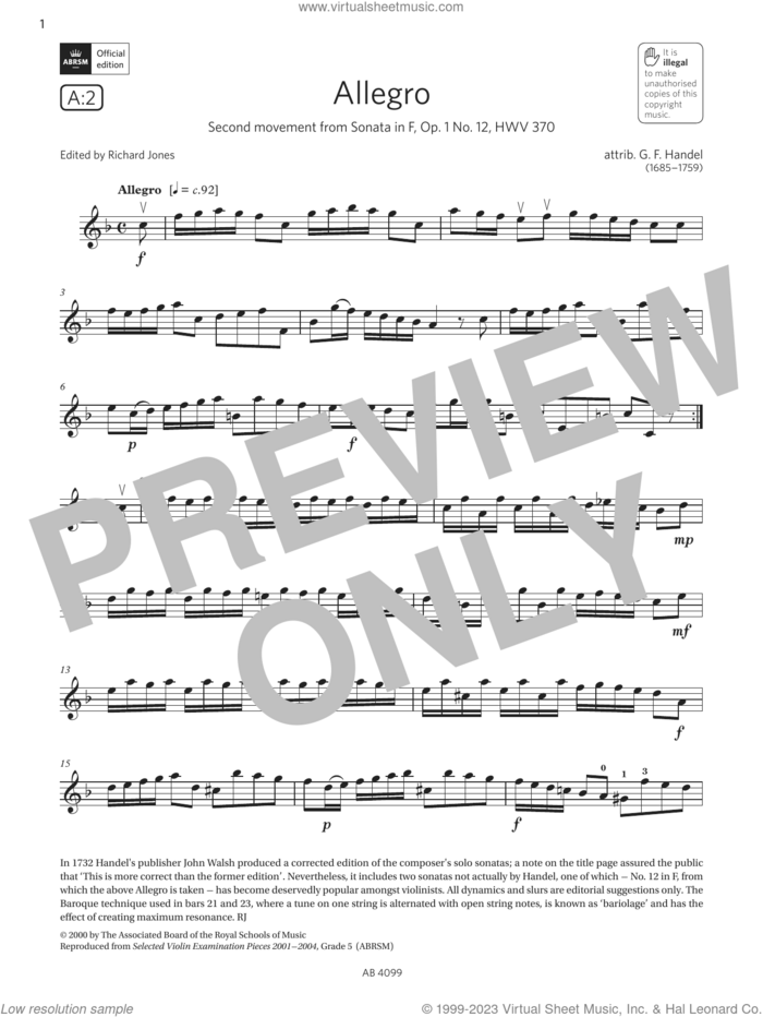 Allegro (Grade 5, A2, from the ABRSM Violin Syllabus from 2024) sheet music for violin solo by George Frideric Handel, classical score, intermediate skill level