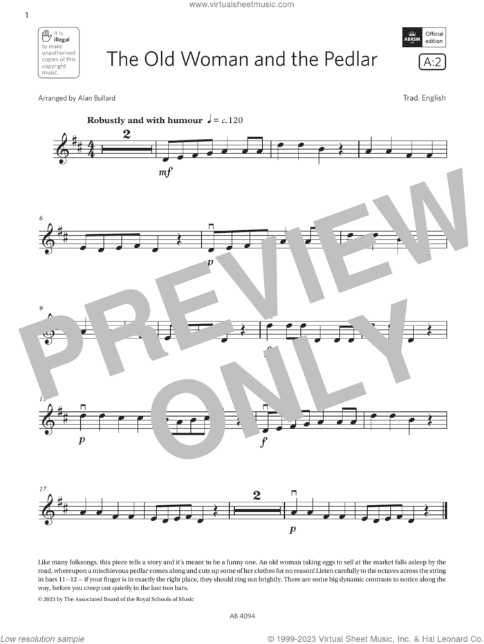 The Old Woman and the Pedlar (Grade Initial, A2, from the ABRSM Violin Syllabus from 2024) sheet music for violin solo by Trad. English and Alan Bullard, classical score, intermediate skill level