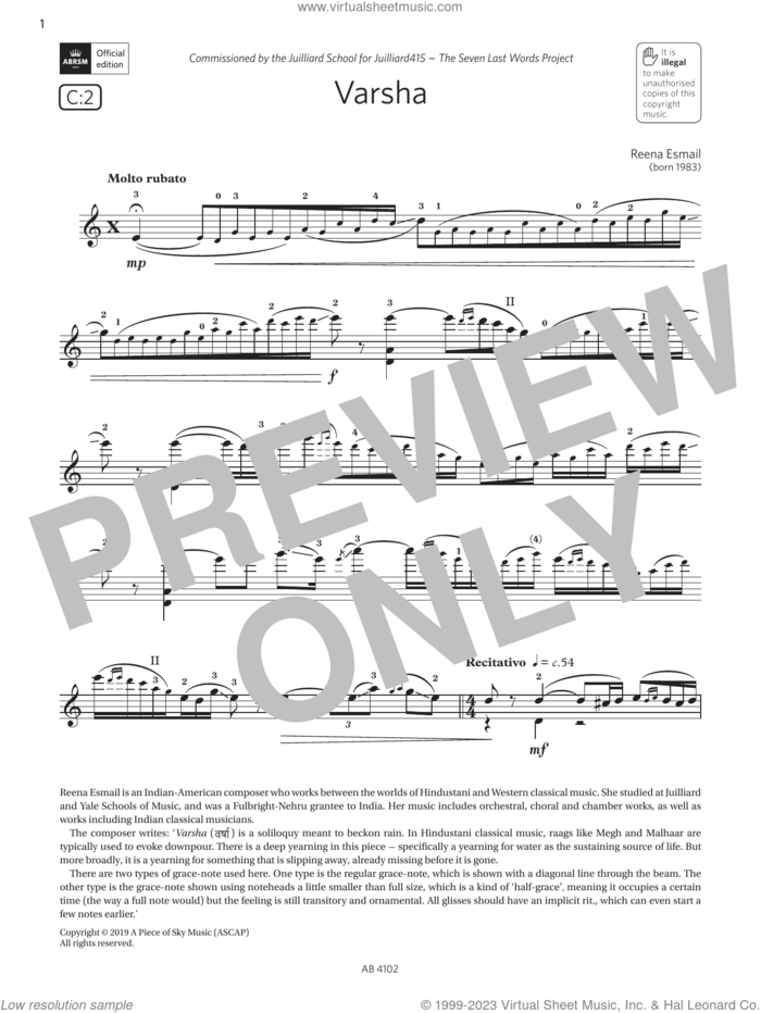 Varsha (Grade 8, C2, from the ABRSM Violin Syllabus from 2024) sheet music for violin solo by Reena Esmail, classical score, intermediate skill level