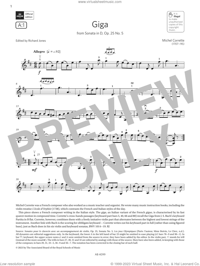 Giga (Grade 5, A1, from the ABRSM Violin Syllabus from 2024) sheet music for violin solo by Michel Corrette, classical score, intermediate skill level