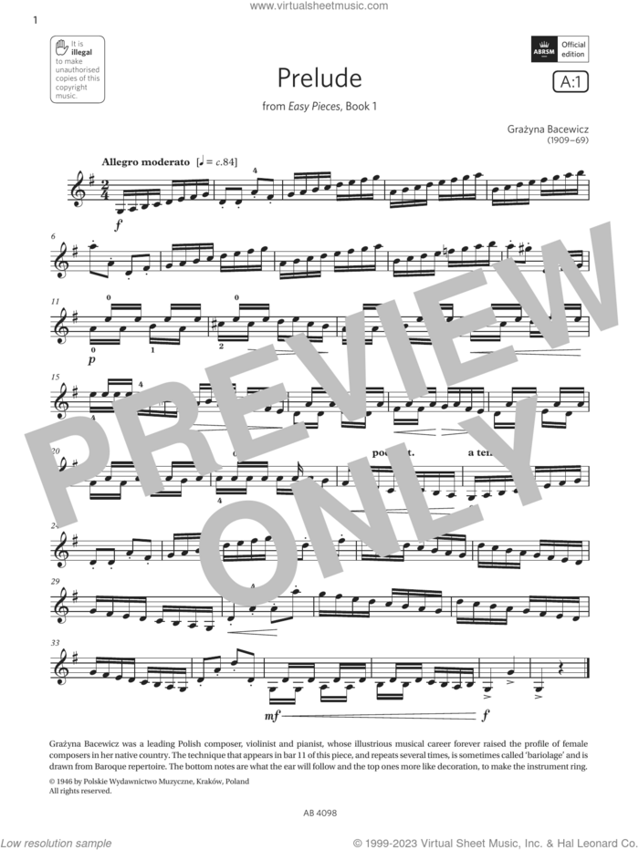 Prelude (Grade 4, A1, from the ABRSM Violin Syllabus from 2024) sheet music for violin solo by Grażyna Bacewicz, classical score, intermediate skill level