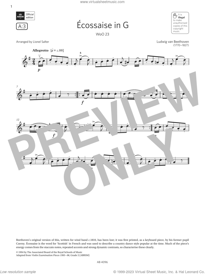 Ecossaise in G, WoO 23 (Grade 2, A3, from the ABRSM Violin Syllabus from 2024) sheet music for violin solo by Ludwig van Beethoven and Lionel Salter, classical score, intermediate skill level