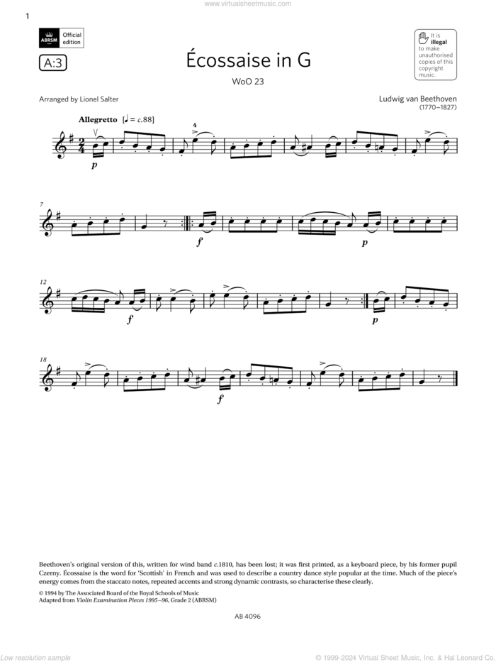 Ecossaise in G, WoO 23 (Grade 2, A3, from the ABRSM Violin Syllabus from 2024) sheet music for violin solo by Ludwig van Beethoven and Lionel Salter, classical score, intermediate skill level