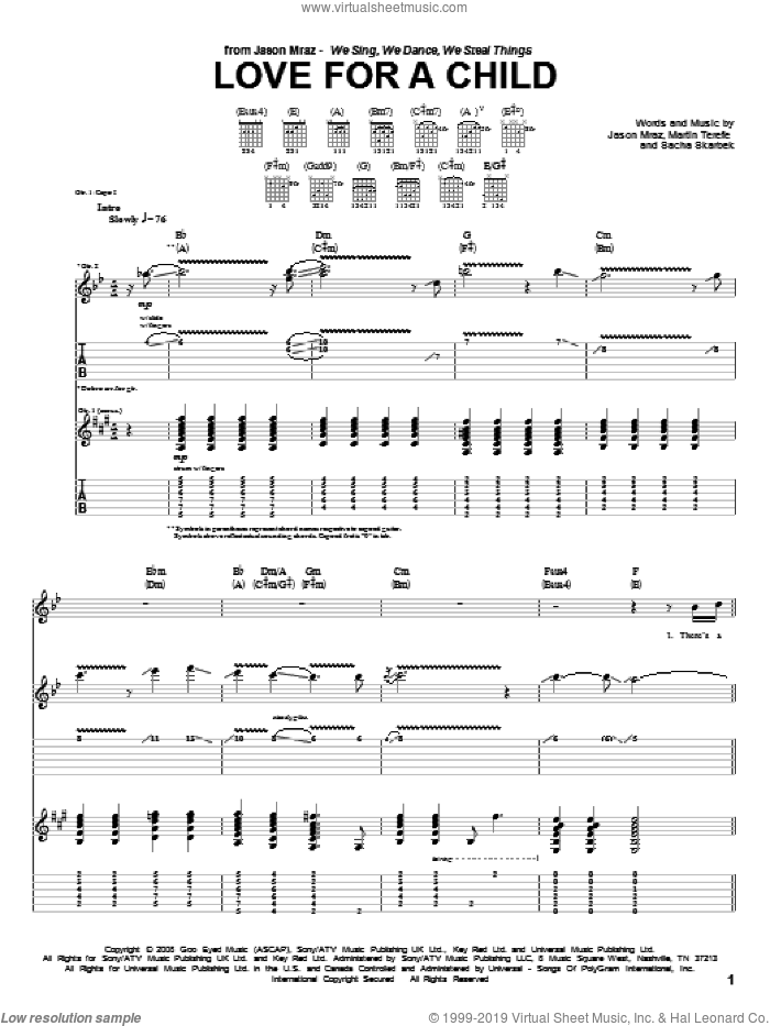 Love For A Child sheet music for guitar (tablature) by Jason Mraz, Martin Terefe and Sacha Skarbek, intermediate skill level