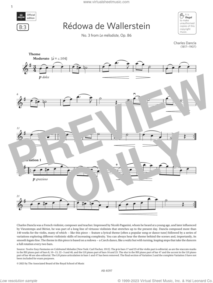 Redowa de Wallerstein (Grade 3, B3, from the ABRSM Violin Syllabus from 2024) sheet music for violin solo by Charles Dancla, classical score, intermediate skill level