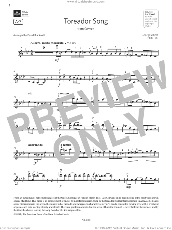 Toreador Song (Grade 6, A3, from the ABRSM Violin Syllabus from 2024) sheet music for violin solo by Georges Bizet and David Blackwell, classical score, intermediate skill level
