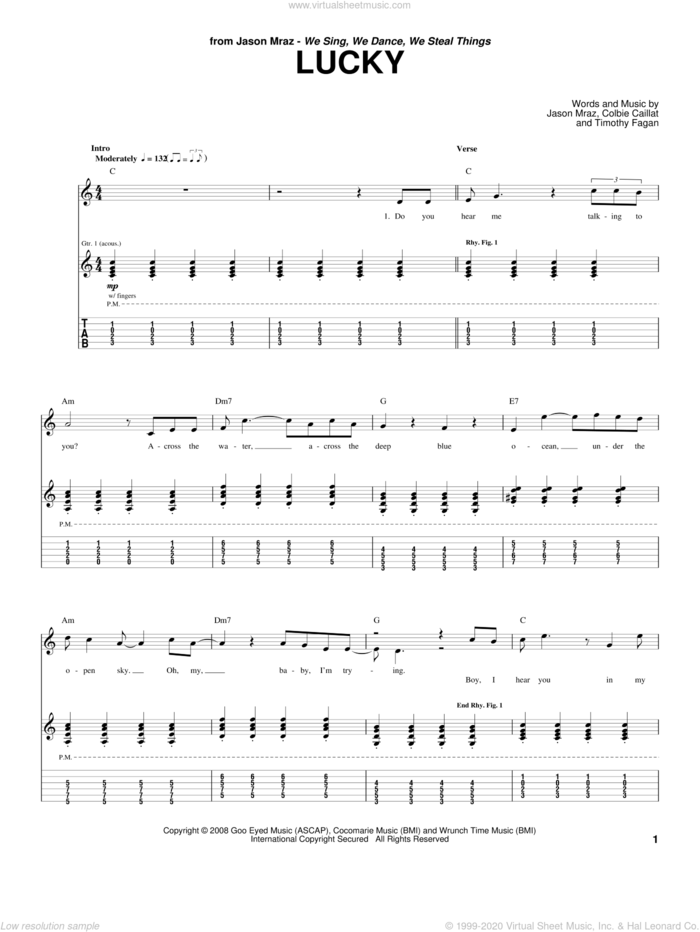 Lucky sheet music for guitar (tablature) by Jason Mraz & Colbie Caillat, Colbie Caillat, Jason Mraz and Timothy Fagan, wedding score, intermediate skill level
