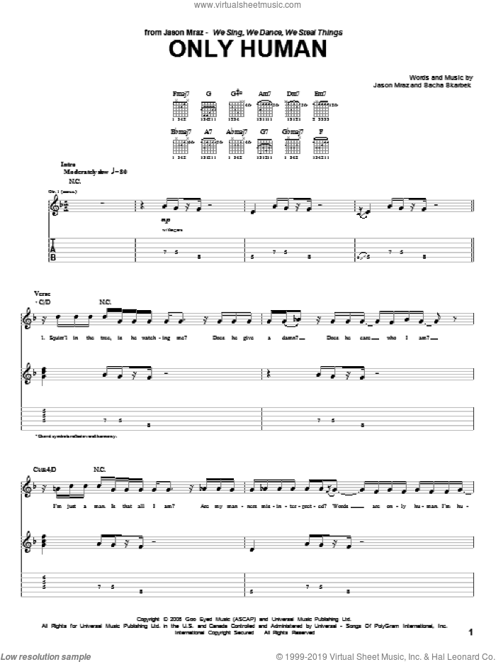 Only Human sheet music for guitar (tablature) by Jason Mraz and Sacha Skarbek, intermediate skill level