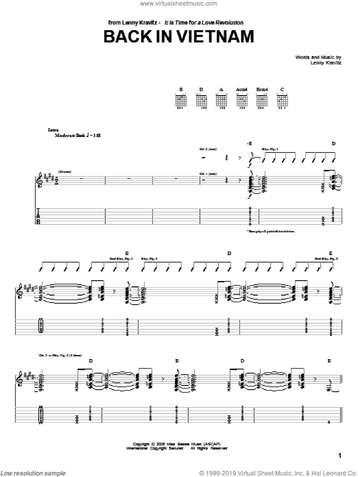 Back In Vietnam sheet music for guitar (tablature) by Lenny Kravitz, intermediate skill level