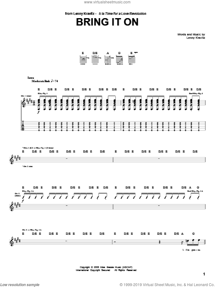 Bring It On sheet music for guitar (tablature) by Lenny Kravitz, intermediate skill level