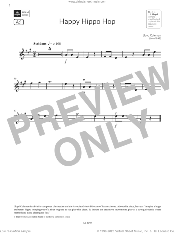 Happy Hippo Hop (Grade Initial, A1, from the ABRSM Violin Syllabus from 2024) sheet music for violin solo by Lloyd Coleman, classical score, intermediate skill level