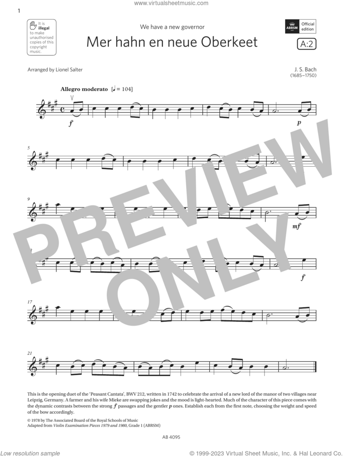 Mer hahn en neue Oberkeet (Grade 1, A2, from the ABRSM Violin Syllabus from 2024) sheet music for violin solo by Johann Sebastian Bach and Lionel Salter, classical score, intermediate skill level