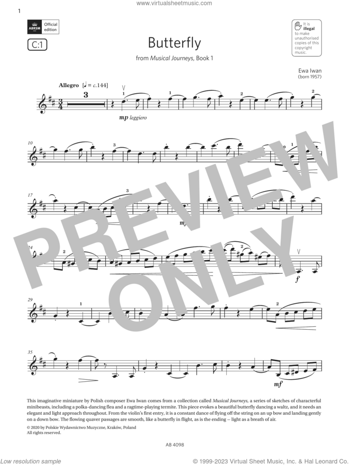 Butterfly (Grade 4, C1, from the ABRSM Violin Syllabus from 2024) sheet music for violin solo by Ewa Iwan, classical score, intermediate skill level