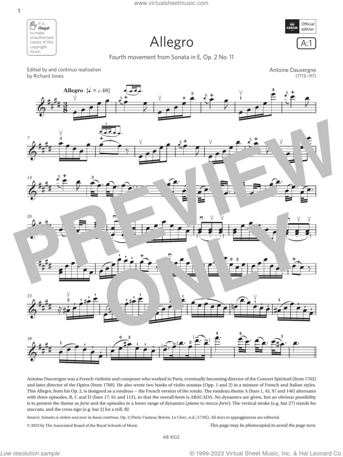 Allegro (Grade 8, A1, from the ABRSM Violin Syllabus from 2024) sheet music for violin solo by Antoine Dauvergne, classical score, intermediate skill level