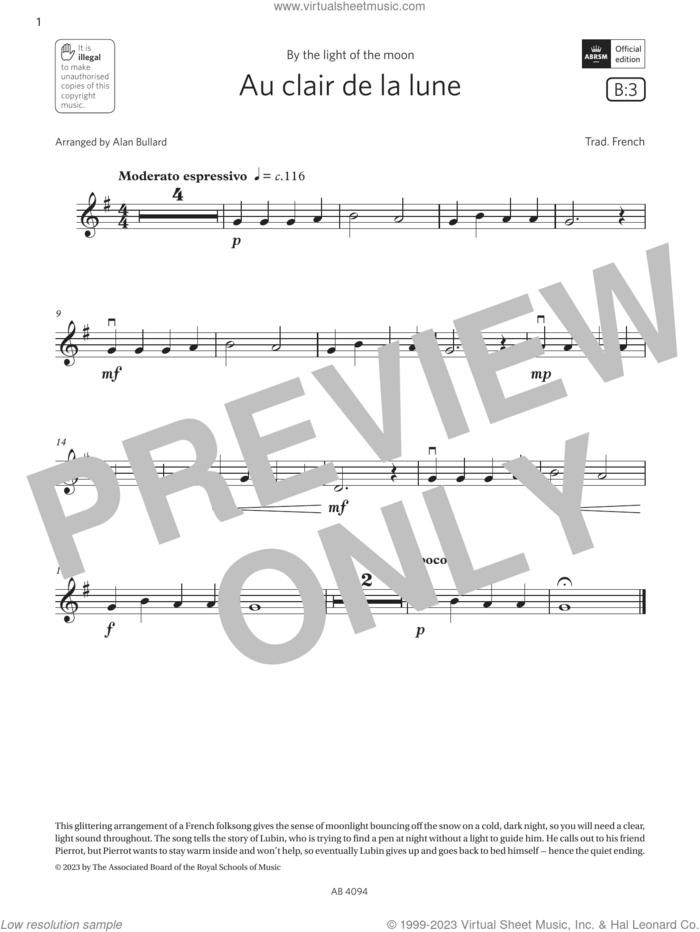 Au clair de la lune (Grade Initial, B3, from the ABRSM Violin Syllabus from 2024) sheet music for violin solo by Trad. French and Alan Bullard, classical score, intermediate skill level