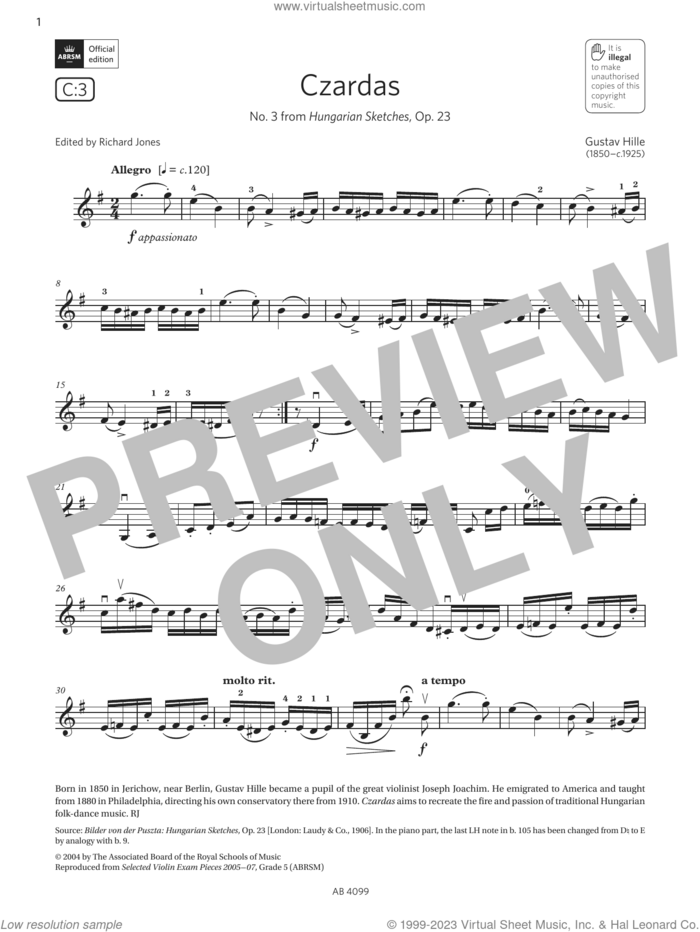 Czardas (Grade 5, C3, from the ABRSM Violin Syllabus from 2024) sheet music for violin solo by Gustav Hille, classical score, intermediate skill level