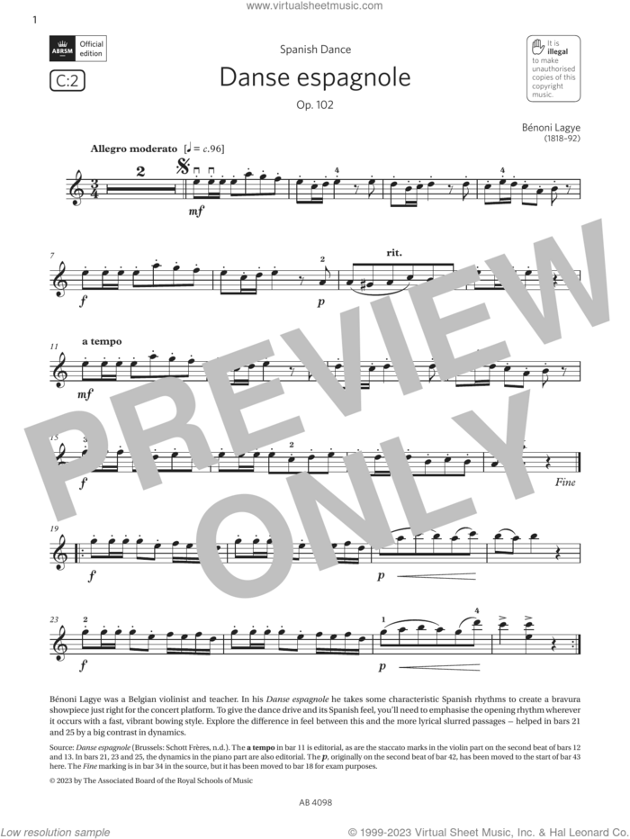 Danse espagnole, Op. 102 (Grade 4, C2, from the ABRSM Violin Syllabus from 2024) sheet music for violin solo by Bénoni Lagye, classical score, intermediate skill level