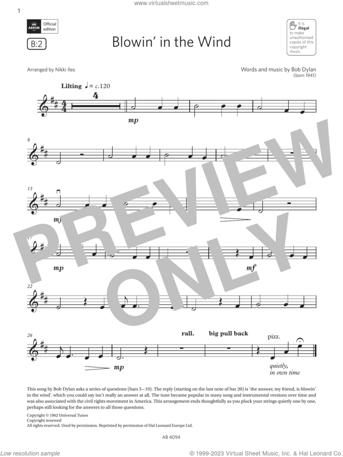 Blowin' in the Wind (Grade Initial, B2, from the ABRSM Violin Syllabus from 2024) sheet music for violin solo by Bob Dylan and Nikki Iles, classical score, intermediate skill level