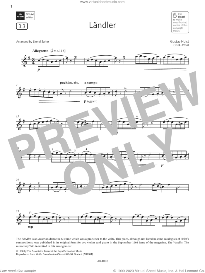 Landler (Grade 4, B3, from the ABRSM Violin Syllabus from 2024) sheet music for violin solo by Gustav Holst and Lionel Salter, classical score, intermediate skill level