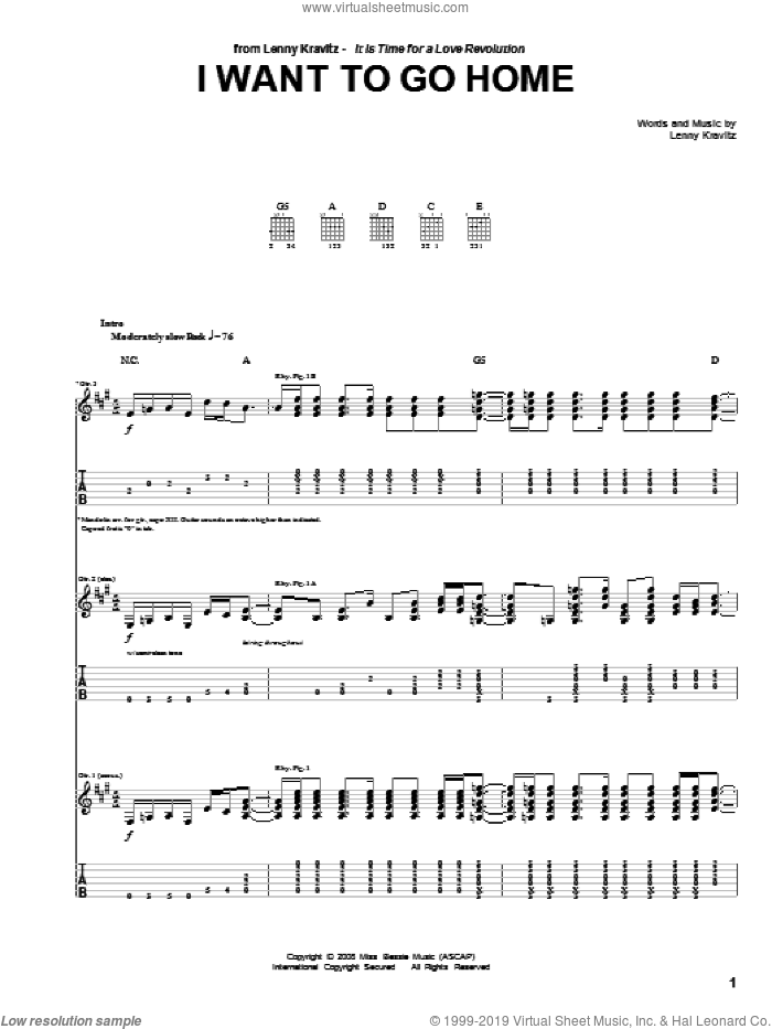 I Want To Go Home sheet music for guitar (tablature) by Lenny Kravitz, intermediate skill level