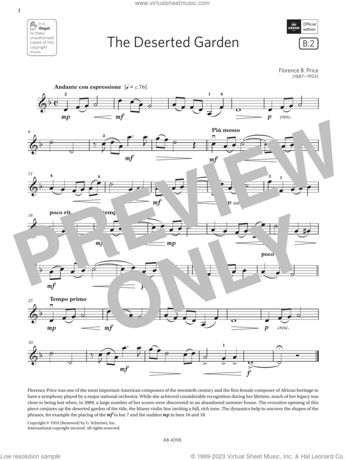 The Deserted Garden (Grade 4, B2, from the ABRSM Violin Syllabus from 2024) sheet music for violin solo by Florence Price, classical score, intermediate skill level