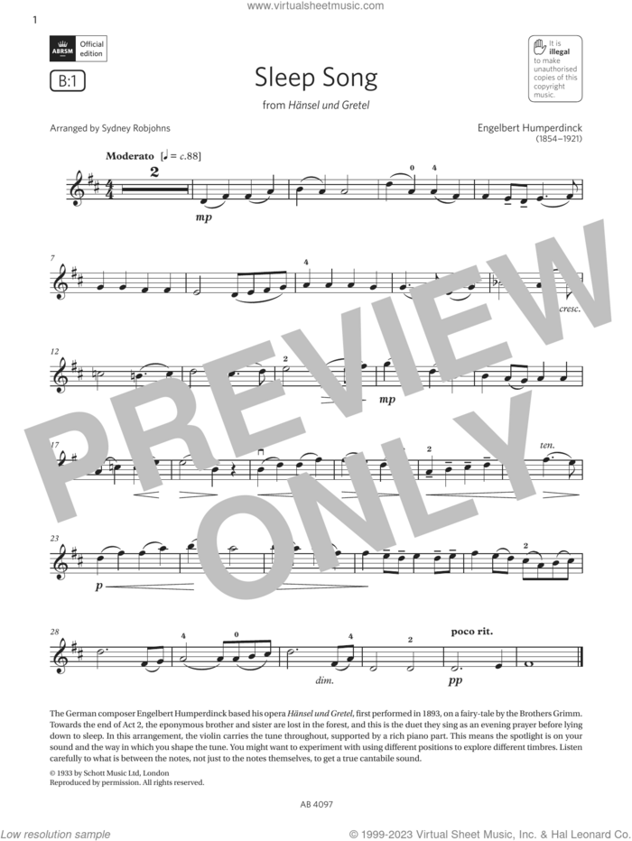 Sleep Song (Grade 3, B1, from the ABRSM Violin Syllabus from 2024) sheet music for violin solo by Engelbert Humperdinck and Sydney Robjohns, intermediate skill level