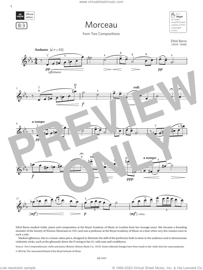 Morceau (Grade 7, B3, from the ABRSM Violin Syllabus from 2024) sheet music for violin solo by Ethel Barns, classical score, intermediate skill level
