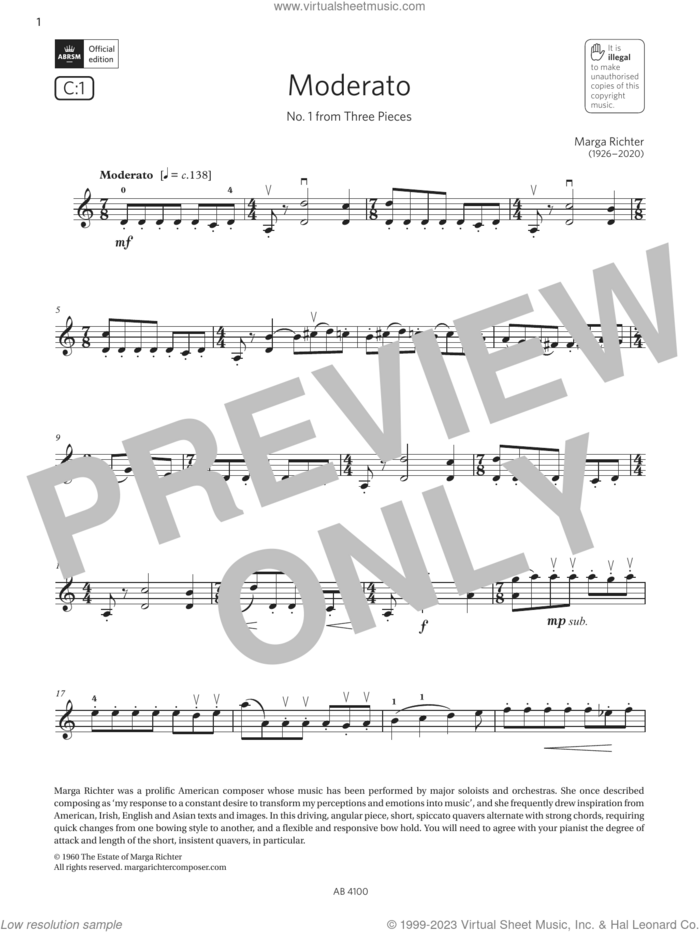 Moderato (Grade 6, C1, from the ABRSM Violin Syllabus from 2024) sheet music for violin solo by Marga Richter, classical score, intermediate skill level