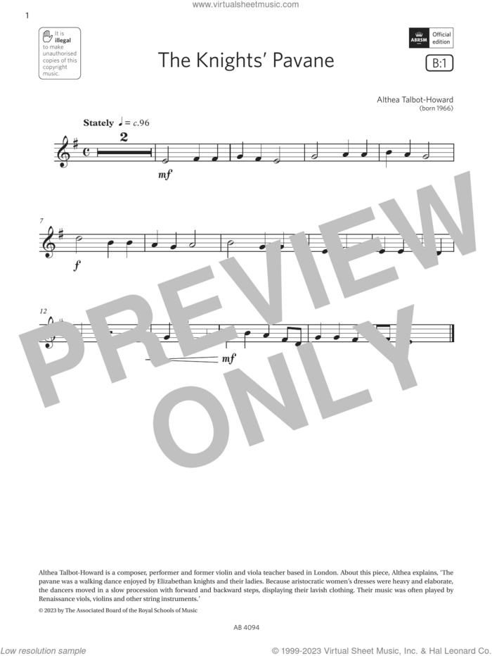 The Knights' Pavane (Grade Initial, B1, from the ABRSM Violin Syllabus from 2024) sheet music for violin solo by Althea Talbot-Howard, classical score, intermediate skill level