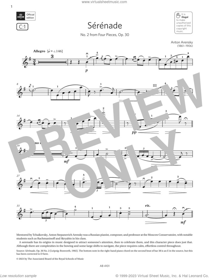 Serenade (Grade 7, C1, from the ABRSM Violin Syllabus from 2024) sheet music for violin solo by Anton Arensky, classical score, intermediate skill level