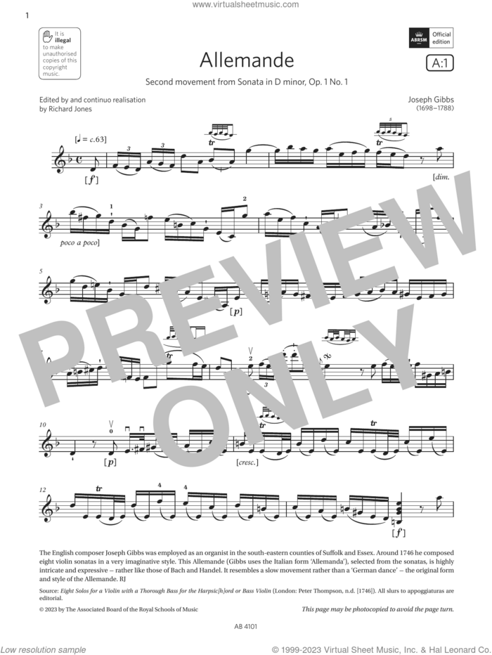 Allemande (Grade 7, A1, from the ABRSM Violin Syllabus from 2024) sheet music for violin solo by Joseph Gibbs, classical score, intermediate skill level