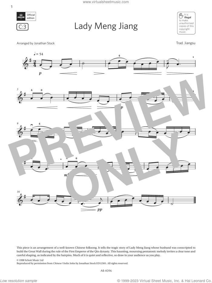 Lady Meng Jiang (Grade 2, C3, from the ABRSM Violin Syllabus from 2024) sheet music for violin solo by Trad. Jiangsu and Jonathan Stock, classical score, intermediate skill level