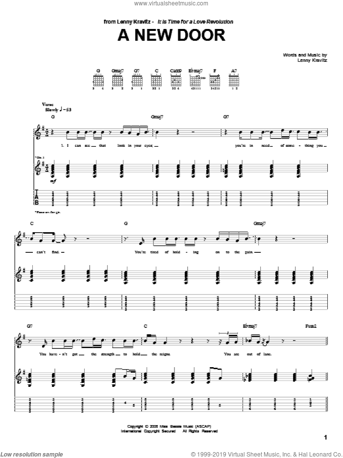 A New Door sheet music for guitar (tablature) by Lenny Kravitz, intermediate skill level
