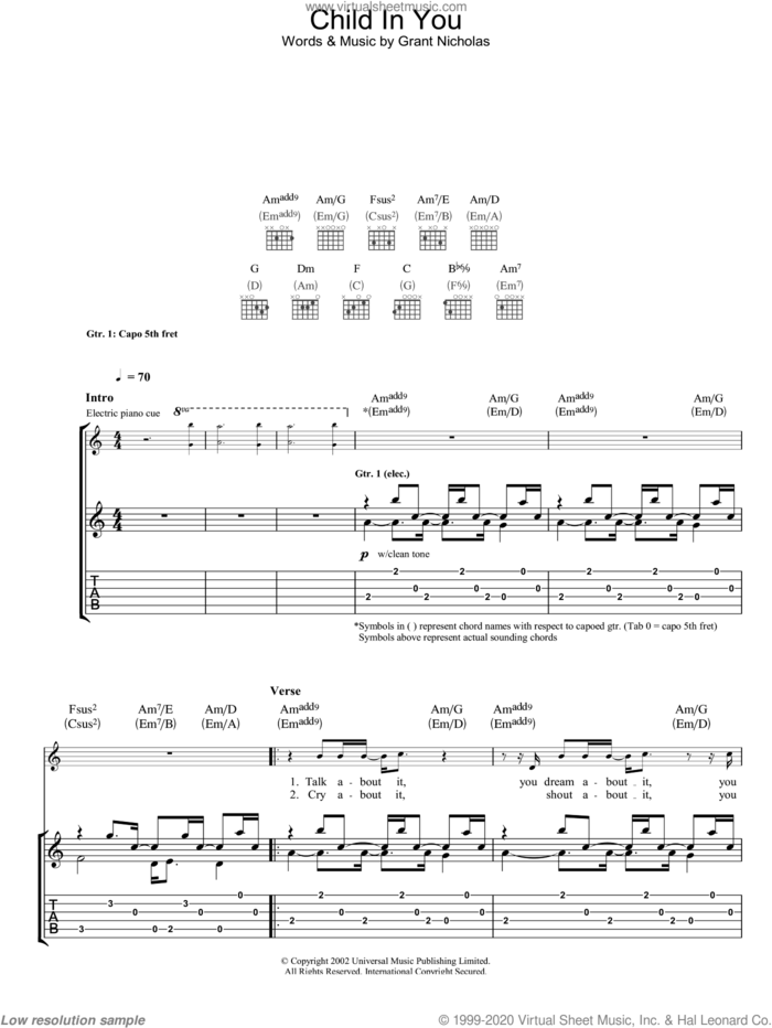 Child In You sheet music for guitar (tablature) by Feeder, intermediate skill level