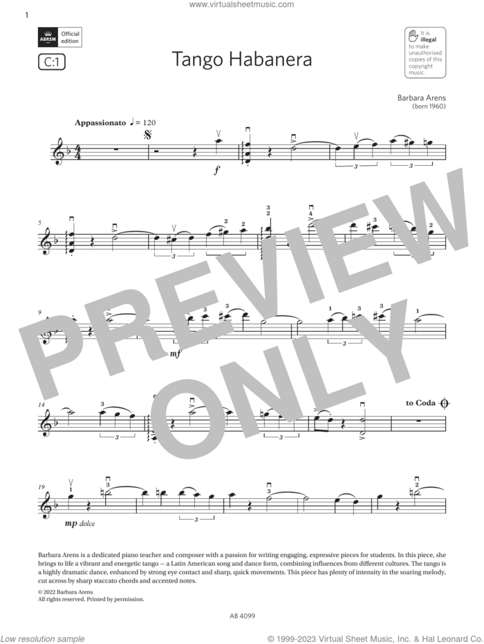 Tango Habanera (Grade 5, C1, from the ABRSM Violin Syllabus from 2024) sheet music for violin solo by Barbara Arens, classical score, intermediate skill level