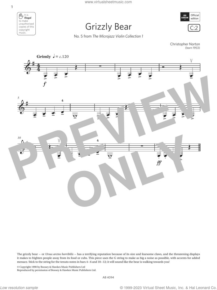 Grizzly Bear (Grade Initial, C2, from the ABRSM Violin Syllabus from 2024) sheet music for violin solo by Christopher Norton, classical score, intermediate skill level