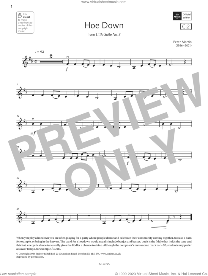 Hoe Down (Grade 1, C2, from the ABRSM Violin Syllabus from 2024) sheet music for violin solo by Peter Martin, classical score, intermediate skill level