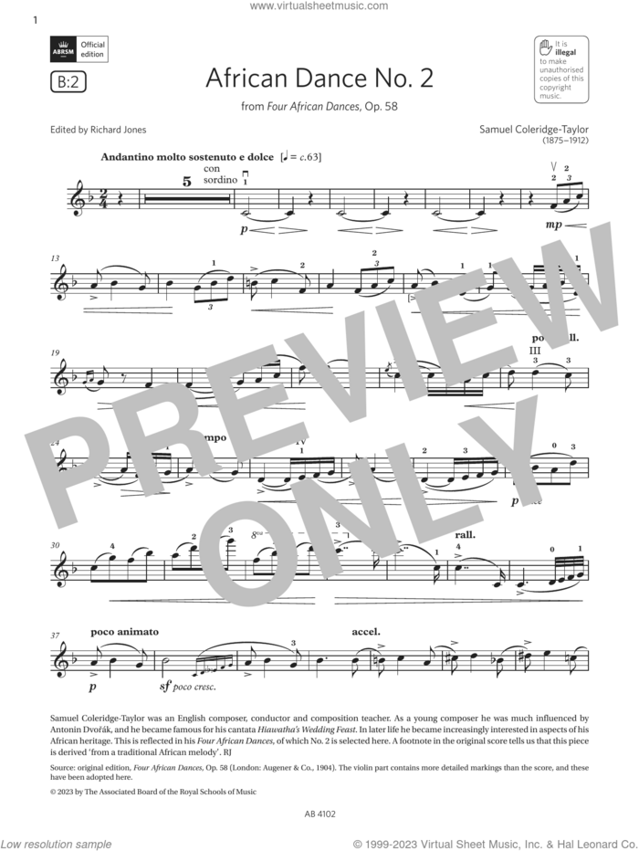 African Dance No. 2 (Grade 8, B2, from the ABRSM Violin Syllabus from 2024) sheet music for violin solo by Samuel Coleridge-Taylor, classical score, intermediate skill level