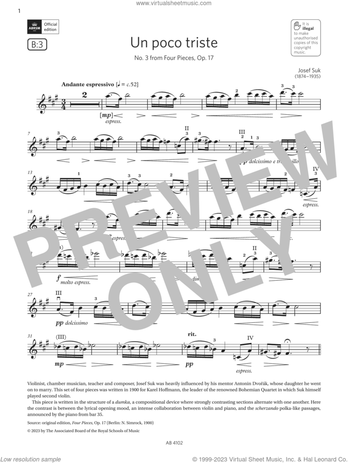Un poco triste (Grade 8, B3, from the ABRSM Violin Syllabus from 2024) sheet music for violin solo by Josef Suk, classical score, intermediate skill level