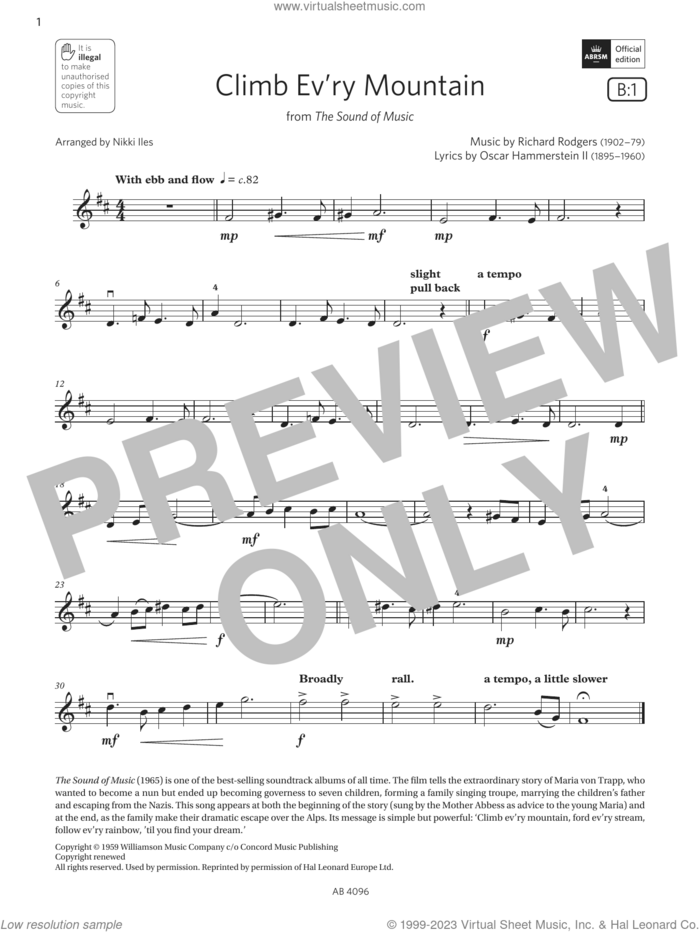 Climb Ev'ry Mountain (Grade 2, B1, from the ABRSM Violin Syllabus from 2024) sheet music for violin solo by Richard Rodgers, Nikki Iles, Oscar II Hammerstein and Rodgers & Hammerstein, classical score, intermediate skill level