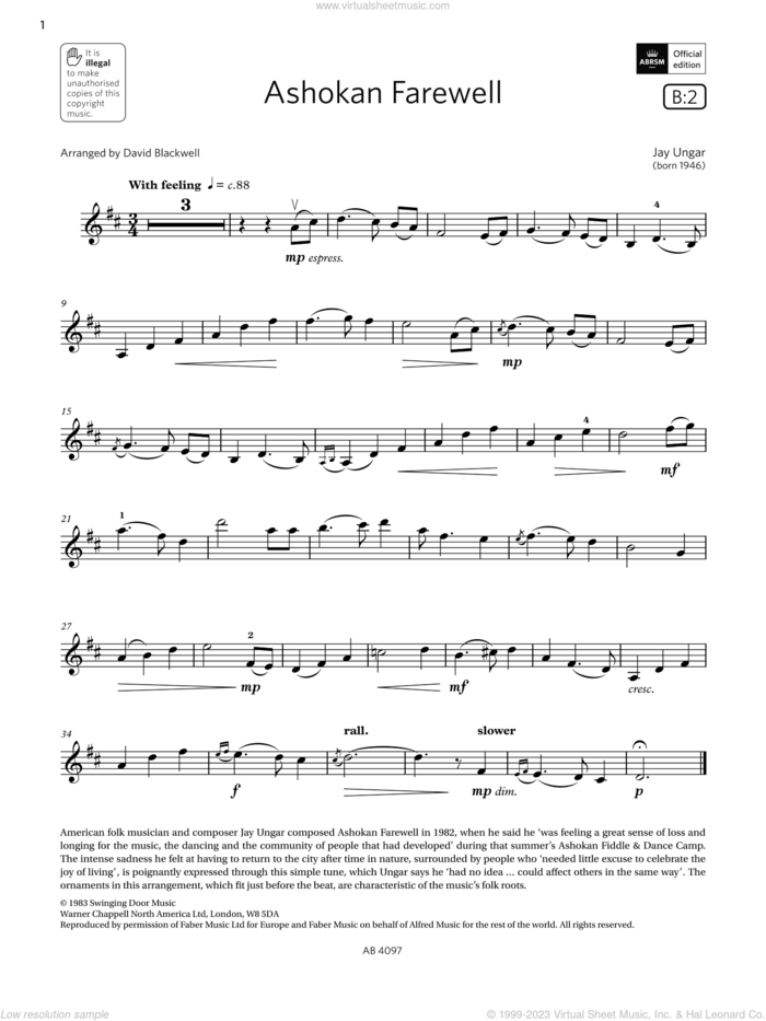 Ashokan Farewell (Grade 3, B2, from the ABRSM Violin Syllabus from 2024) sheet music for violin solo by Jay Ungar and David Blackwell, classical score, intermediate skill level