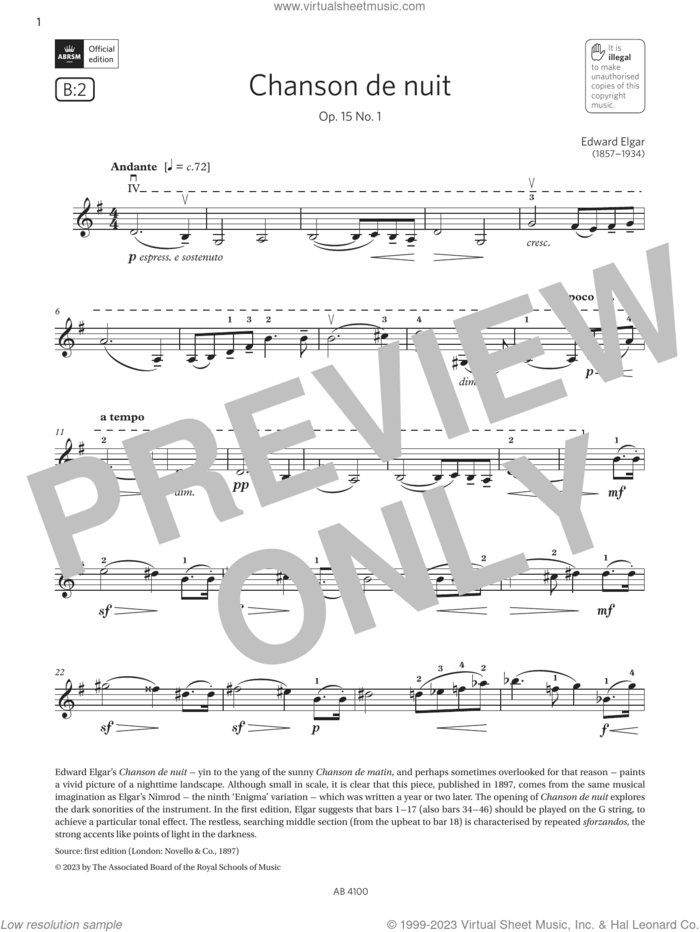 Chanson de nuit (Grade 6, B2, from the ABRSM Violin Syllabus from 2024) sheet music for violin solo by Edward Elgar, classical score, intermediate skill level
